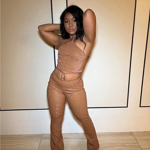 NEW Faux Leather Square Buckle Top and Flare Pants Set